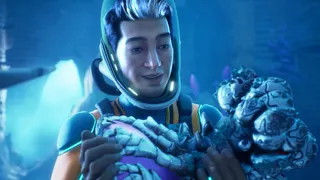 A Subnautica 2 diver smiling at a collected artifact.