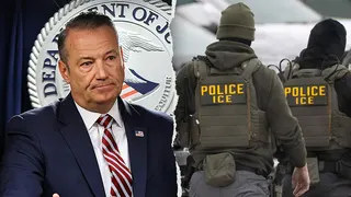 ICE Acting Director Todd Lyons standing in front of ICE agents
