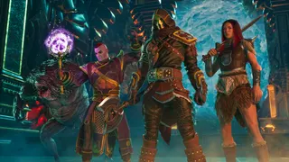 A group of leather-clad warriors pose in front of a portal in Conan Exiles