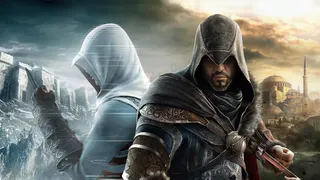 Key art for Assassin's Creed Revelations shows Ezio and Altair back to back with their hidden blades at the ready.