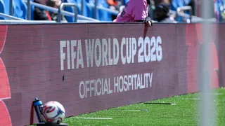 A 2026 FIFA World Cup advertisement displayed at BMO Field during a soccer game.