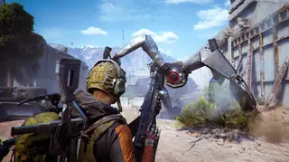 The player in Arc Raiders standing in front of a Leaper.