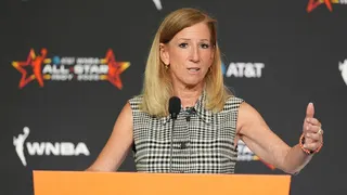WNBA Commissioner Cathy Engelbert speaking at a news conference in Indianapolis