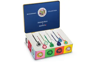 The entire Audemars Piguet x Swatch Royal Pop pocket watch collection in a box.