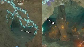 Arrows point to the cave that houses Zip's Blackbox in Subnautica 2.