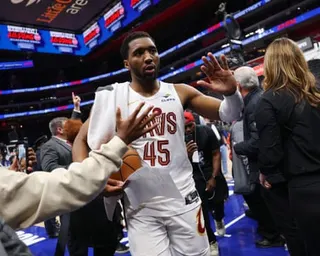 Donovan Mitchell celebrates after Cleveland’s win on Wednesday