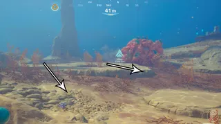 Arrows point to small sulfur deposits in Subnautica 2.