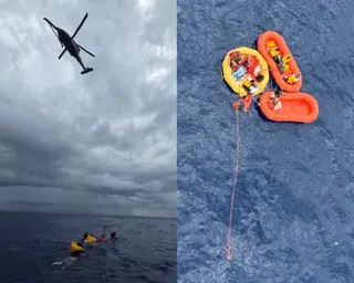 A two-photo collage of rescue efforts, the left one showing a helicopter above people in water and the right one showing two orange rescue boats and one yellow one in water