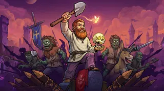 A graveyard keeper leading an undead army while holding a skull with dollar sign eyes