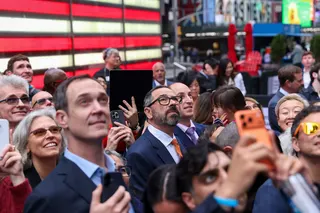 Andrew Feldman, co-founder and chief executive officer of Cerebras Systems., center, during the company's IPO&nbsp;at the Nasdaq MarketSite in New York on May 14.