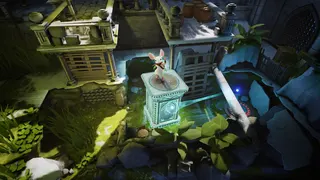 A mouse wearing a bandana is stood on a floating block waving at you in some dilapidated ruins in Moss: The Forgotten Relic.