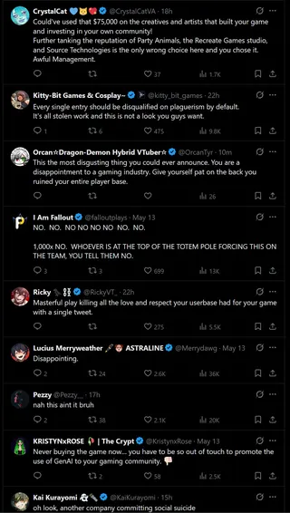 Numerous angry responses to Party Animals' AI Video Contest announcement tweet