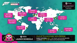 An infographic map showing the Forza Horizon 6 launch times globally for PC and Xbox.