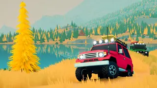 Over the Hill: A red jeep followed by a green jeep driving off-road in vibrant yellow hills surrounding a lake.