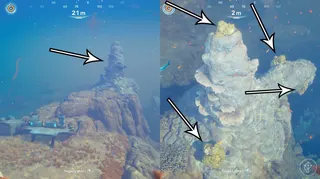 Arrows point to the best sulfur farming spot in Subnautica 2.
