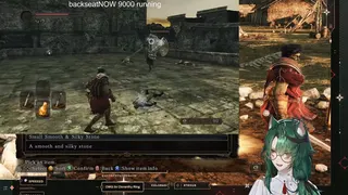 VTuber girl_dm_ watches as a community member uses streaming tool backseatNOW 9000 to backseat game and show her cool things in Dark Souls 2.