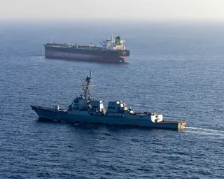 USS Rafael Peralta implements a maritime blockade against a tanker attempting to pass through the straight of Hormuz.