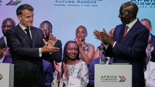 France's President Emmanuel Macron, left, and Kenya's President William Ruto, right, during the Africa Forward Summit at the University of Nairobi, Kenya, on May 11, 2026