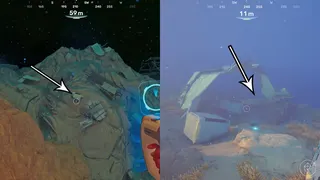 Arrows point to a tadpole fragment in Subnautica 2.