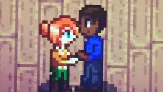Robin and Demetrius from Stardew Valley dancing together
