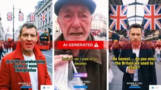 A composite image showing stills from three videos on the "Great British People" Facebook page, with one showing a man in a read coat walking along Regent Street with Union Flags in the background, asking about "the overwhelming scale of mass immigration". A second video shows a pensioner looking distressed as he discusses his income, despite having "paid in for decades". A third shows a man in a dark suit holding a microphone with Union Flags in the background, asking "do you miss the Britain w