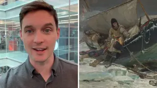 A split screen with Rich Preston on the left wearing a grey shirt, and a ship in the ocean on the right.