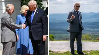 Splitscreen. Left, Trump and Charles shake hands. Right, Charles at Shenandoah National Park.