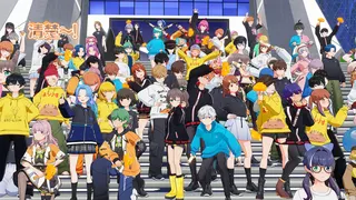 A screenshot from Holoearth, a virtual platform for vtuber fans to hang out. A crowd of fans using 3D avatars and wearing various outfits cheer on their favorite vtuber.