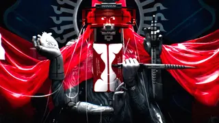 Marathon Arachne guy holding a knife, is very red and evil looking.