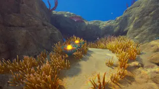 Subnautica 2 Lucifer Rotsac: Two Lucifer Rotsac plants growing amongst coral in a rocky crevice.