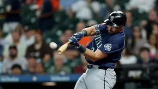 Cal Raleigh batting for the Seattle Mariners at Daikin Park in Houston, Texas.