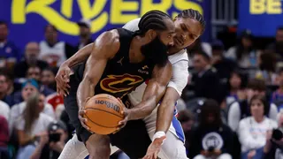 Cleveland Cavaliers PG James Harden is defended by Detroit Pistons wing Ausar Thompson during Game 1 of the 2026 Eastern Conference Semifinals.