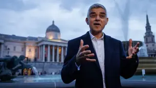 Getty Images Sadiq Khan, wearing a suit, speaks to the media ahead of the open Iftar in Trafalgar Square on 8 April 2024 in London.