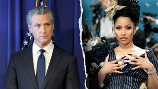 A split image of Gavin Newsom and Nicki Minaj