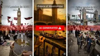 A composite image showing three stills from AI-generated videos, with one showing "London in 2050" with Big Ben in the background and women in hijabs selling goods from blankets on what appears to be Westminster Bridge, while a market stall in the background has a sign reading "Halal". Another labelled "Palace of Westminster" shows people in Islamic dress on a boat carrying fruit on the Thames near Parliament, while rubbish bobs on the river. A third labelled "Visiting London in 2050 with your f