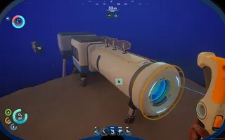 An exterior view of a small cylindrical base in Subnautica 2, with a hatch at one end and a square moonpool at the other.