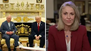 Splitscreen. Left, Charles and Trump in the Oval Office. Right, Sarah Smith.