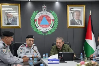 Mr Yasser Abbas, son of Palestinian President Mahmoud Abbas, meeting the Head of the Palestinian Authority’s Civil Defence, Akram Thawabta, in Ramallah, on April 28.