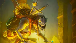 Key art of a treasure goblin from Diablo 4. A small creature grins at the viewer while carrying miscellaneous items on its back.