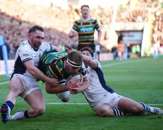 Callum Chick scores his side’s third try during the match between Northampton and Bristol