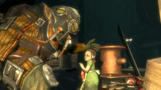A Rosie gets down on one knee to comfort a Little Sister in BioShock.