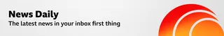 A thin, grey banner promoting the News Daily newsletter. On the right, there is a graphic of an orange sphere with two concentric crescent shapes around it in a red-orange gradient, like a sound wave. The banner reads: "The latest news in your inbox first thing.”