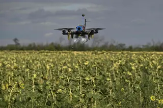 This photograph shows a FPV drone of the Reconnaissance Company ‘Only Wars’ of the Ukrainian 3rd Army Corps caring bottles of water which imitate a combat load during a training flight over a sunflower field in an undisclosed location, in eastern Ukraine on August 12, 2025, amid the Russian invasion of Ukraine. Hundreds of AI-controlled robots operating in unison, talking to each other to autonomously attack targets — a dystopian vision of the future of war that Ukraine’s defence industry wants 