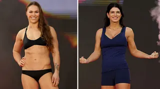 Split image of Ronda Rousey and Gina Carano weighing in
