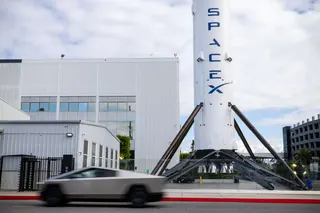 A Tesla Cybertruck drives past SpaceX facilities in Hawthorne, California on April 13.
