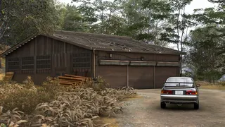 Forza Horizon 6 Barn Finds: A silver car parked outside a barn in a woods.