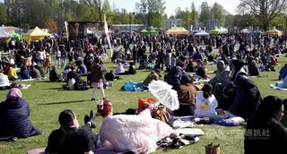 赫爾辛基花見節活動，大批民眾攜家帶眷在草地上鋪起野餐毯，享受暖陽，觀賞舞台表演與造訪市集。中央社記者巫祈麟赫爾辛基攝　115年5月16日