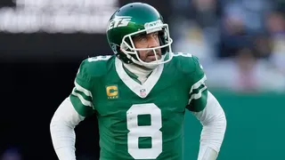 New York Jets quarterback Aaron Rodgers reacting during a football game against the Los Angeles Rams