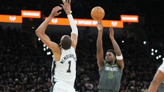Minnesota Timberwolves All-Star Anthony Edwards shoots over San Antonio Spurs C Victor Wembanyama during Game 2 of the 2026 Western Conference Semifinals.