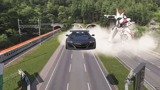 A Forza Horizon 6 screenshot showing ta scene during the "Mech My Day" race